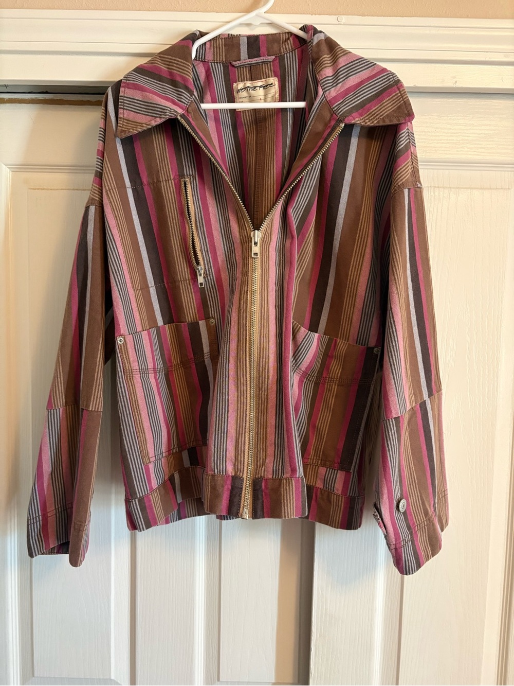 Free People We The Free Sally Striped Canvas Jacket Pink Brown L NWOT